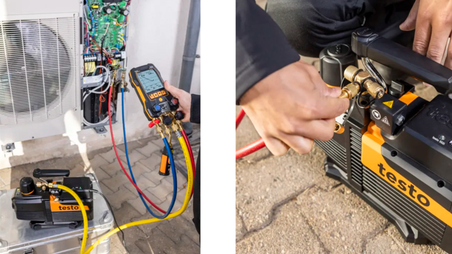 Testo-meetapparatuur voor het vacumeren van een warmtepompinstallatie