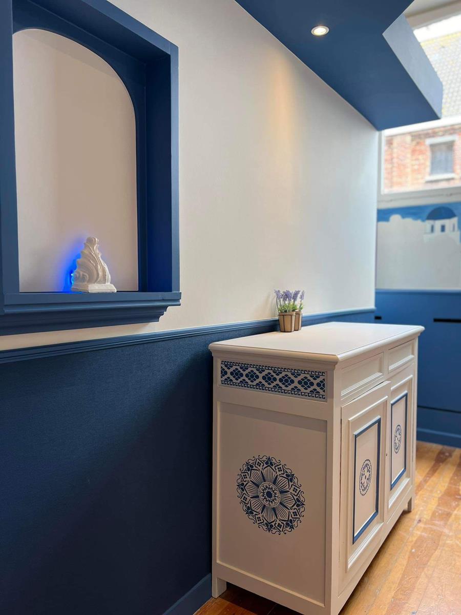 Blauw en wit gedetailleerd